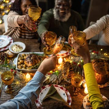 Family toasting over holiday dinner at home