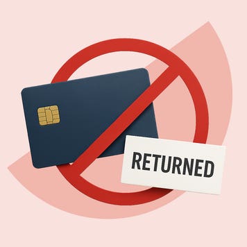 A credit card with a crossed-out sign saying "returned"