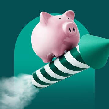 An image of a pink piggy bank standing on top of a green and white striped rocket with smoke coming out of the end of the rocket.