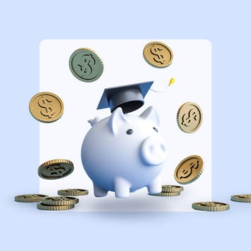 piggy bank wearing graduation cap surrounded by coins with dollar symbols in them
