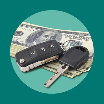 An image of a car key and fob placed over a stack of $100 USD bills. Surrounding it is a light green circle over a dark green background.