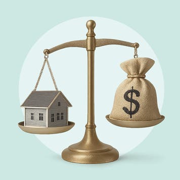Home and a money bag balancing on a scale