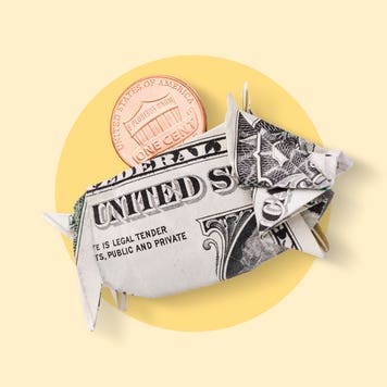 A graphic of origami of a dollar bill folded to look like a piggy bank with a penny on top.