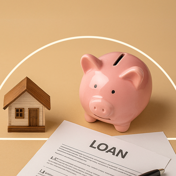An illustration with a figure of a small house, a piggy bank and a paper with the word "LOAN" written across it.