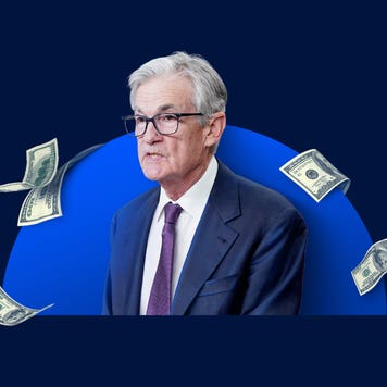 Illustration of Fed Chair Jerome Powell and money