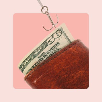 A $50 bill (USD) in a wallet is being grabbed by a fish hook. It is against a pink square on a lighter pink background.