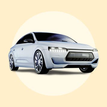 A silver sedan against a stylized yellow background