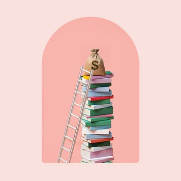 A bag of money atop a stack of books.