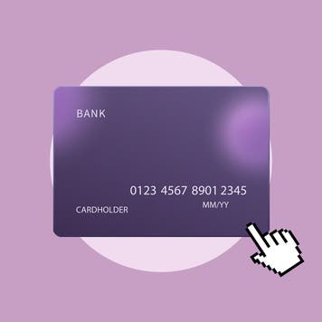 Design element displaying a illustrated credit card with a mouse cursor clicking on it.
