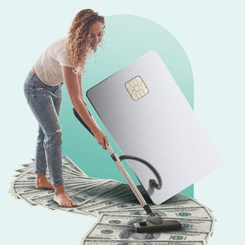 An illustration featuring a woman with a vacuum and money