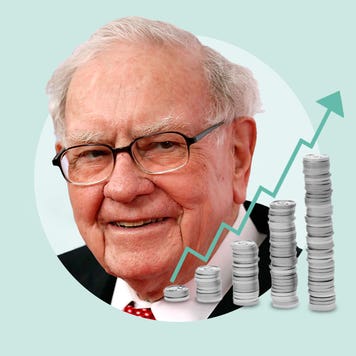 Photo illustration featuring headshot of Warren Buffett next stacks of coins and a rising green arrow.