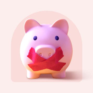 Design element of a piggy bank with it's mouth tapped shut.