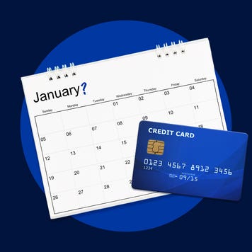 Design element of a credit card with a calendar behind it.