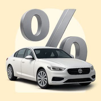 A white sedan with a large percent symbol behind it. Image is on a light yellow background.