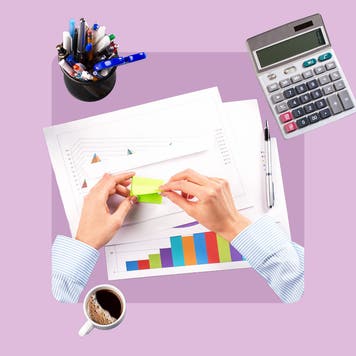 A closeup of hands as the person peels a sticky note while surrounded by other common office supplies. Design is on top of a light purple background.