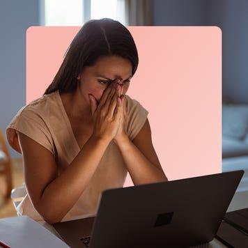 Design element with person sitting at desk looking at laptop screen