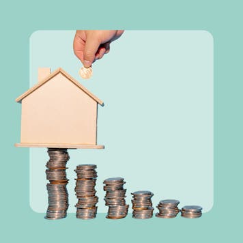 Design element, illustration of a house sitting on a stack of coins