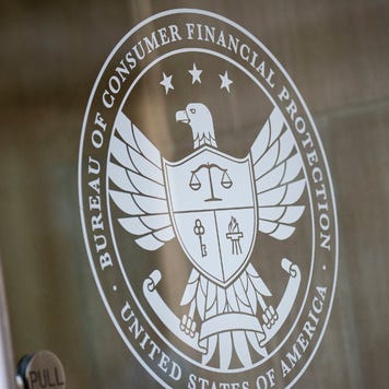 The seal of the US Consumer Financial Protection Bureau (CFPB) at the agency's headquarters in Washington, DC