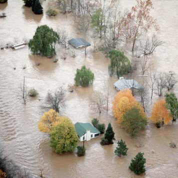 homes and trees in flooded valley