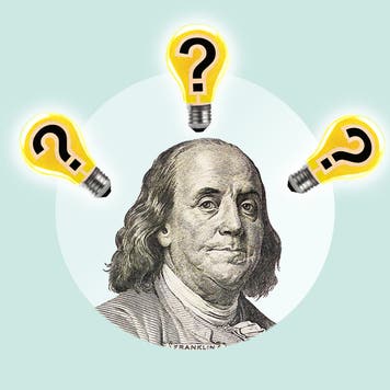 An stylized portrait of Benjamin Franklin with three lightbulbs, with question marks inside them, floating around his head.