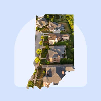 Digital design of the state of Indiana with Indiana homes superimposed over the shape of the state