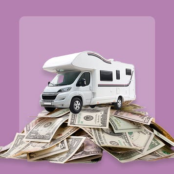A camper RV sits atop a pile of cash, against a purple background.