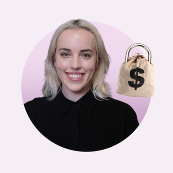 A headshot of Hanna Hovarth, a woman with blonde shoulder length hair wearing a black shirt. Next to her is a money bag with a dollar sign on it.