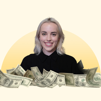 Head shot of Hanna Hovarth with money piled in front of her.