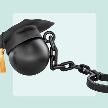 A ball and chain wearing a graduation cap