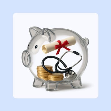 Illustration showing clear glass piggy bank with a diploma, a stethoscope and money inside.