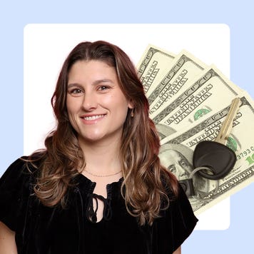 woman smiling in front of fanned out cash with car keys