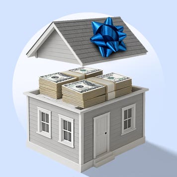 photo illustration: house filled with stacks of cash, light blue background