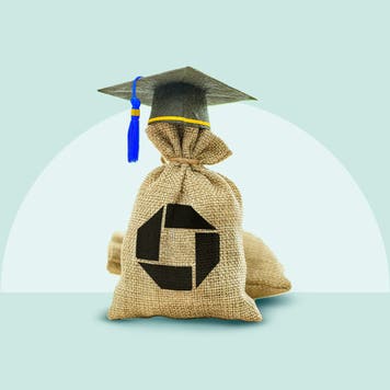 Bag of money with Chase logo wearing a black graduation cap