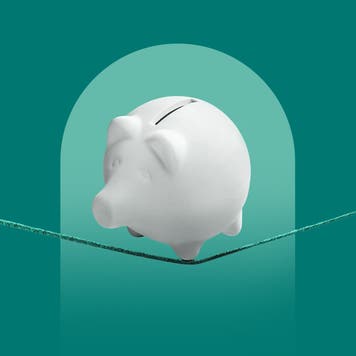 design image of a piggy bank on a tight rope