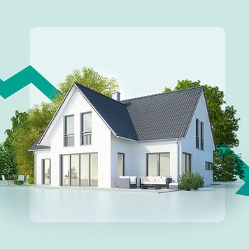 design image of a home and down trending arrow behind it