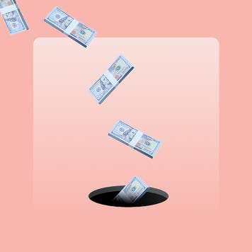 Pink background with stacks of 100 dollar bills (U.S.) falling into a hole.