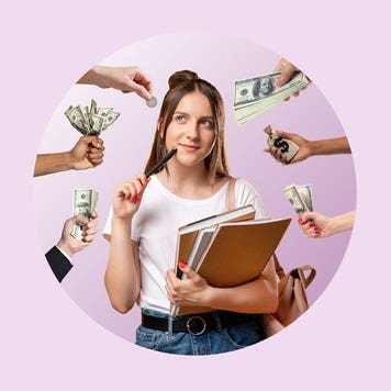 Hands extend money toward a student