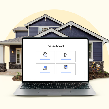 photo illustration of blue house with online form in front of it, light yellow background