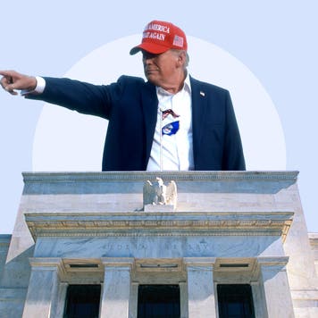 Stylized image of Trump wearing a Maga hat pointing to the left above the Federal Trade building.