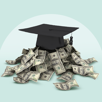 Image of a pile of money with a graduation cap sitting on top of it.