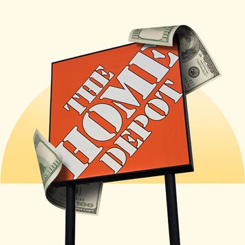 Illustration of Home Depot logo with two $100 bills.