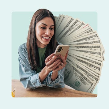 design image of a women on her phone with money bills fanned out in the background
