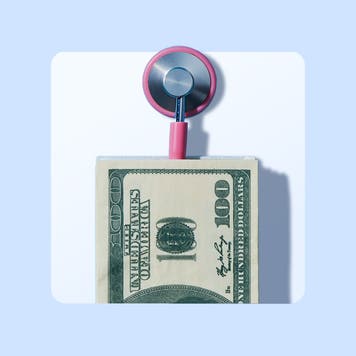 Image of a 100 dollar bill (US) attached to a pink stethoscope.
