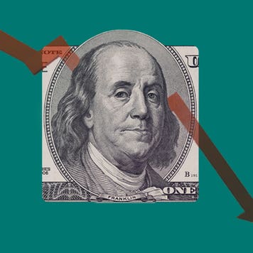 design image of trending downward arrow and the face of the one hundred dollar bill