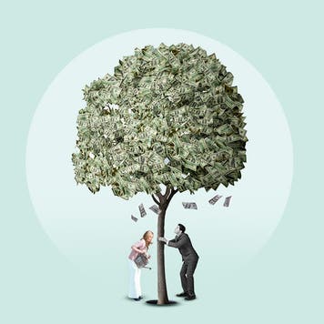design image of a tree made out of money and two people trying to shake it