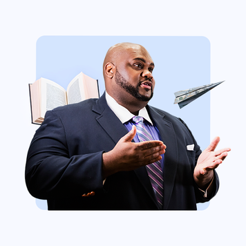 design image of a young man speaking and gesturing with his hands and an open book and paper plane in the background