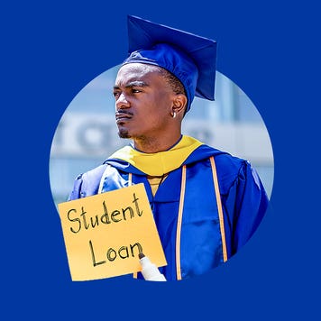 design image of a student graduate and a sticky note saying "student loan"