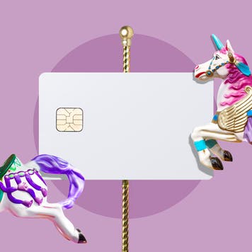 design image of a credit card surrounded by unicorns