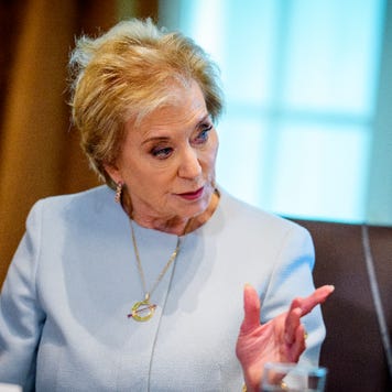U.S. Department of Education Secretary Linda McMahon speaks to someone on her left.