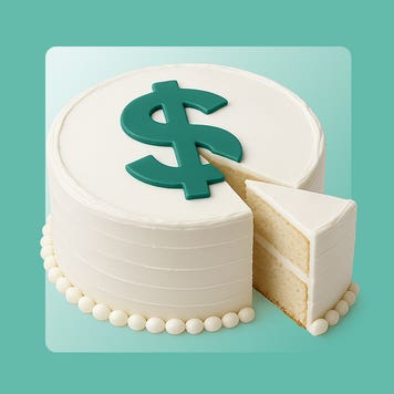 Illustration of a cake with a dollar sign on it.